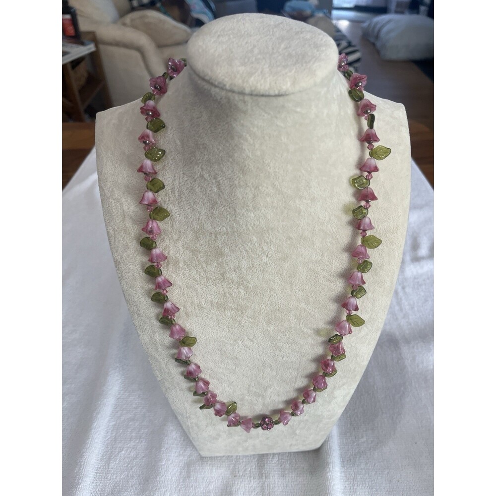 Lampwork Glass Bead Necklace Pink Flowers Green Leafs‎ 925 Clasp Silver Beads